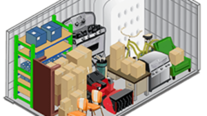 Graphic showing various items in a virtual 10x10 storage unit.