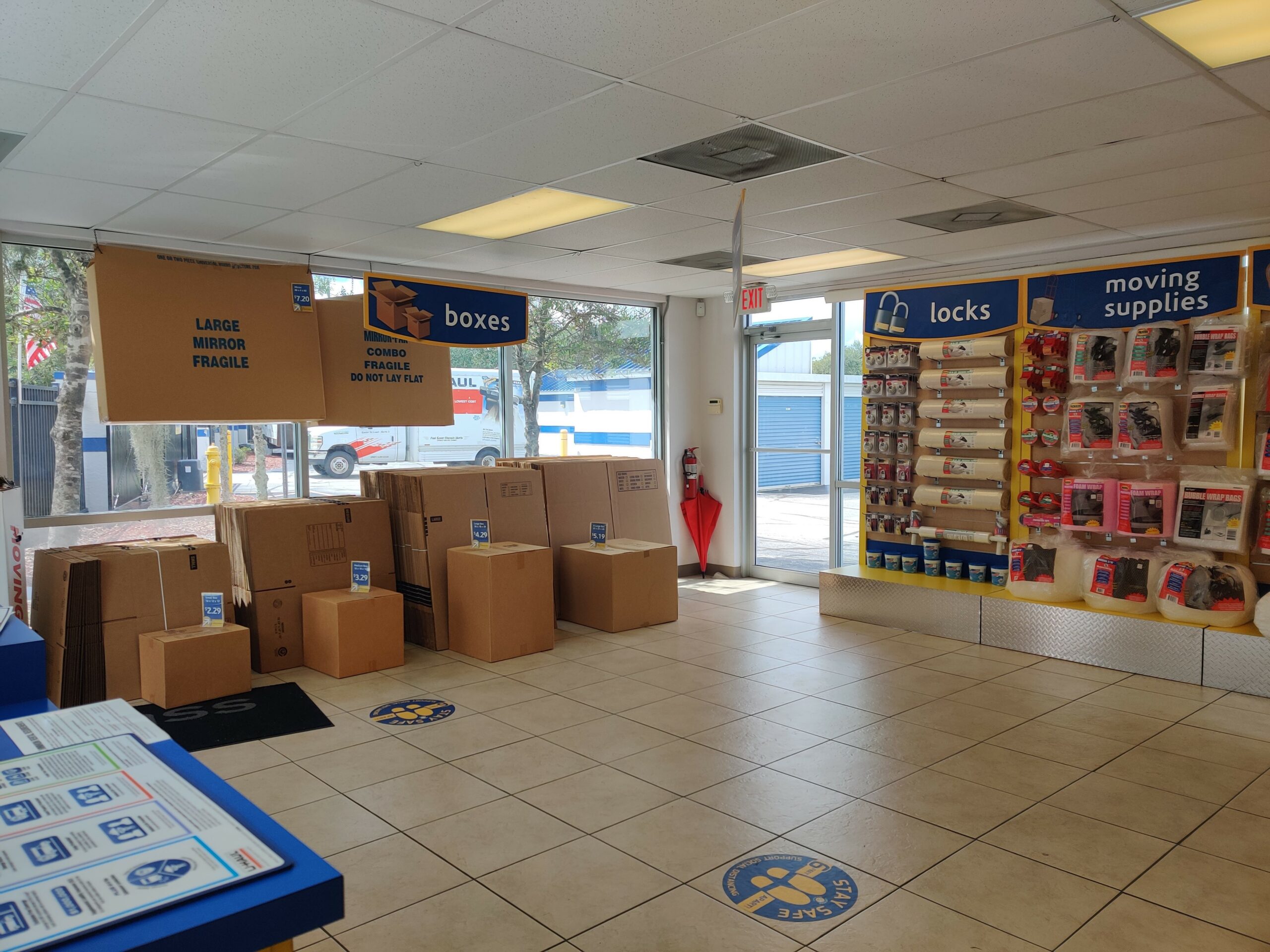 Packing and moving supplies at Compass Self Storage front Office.