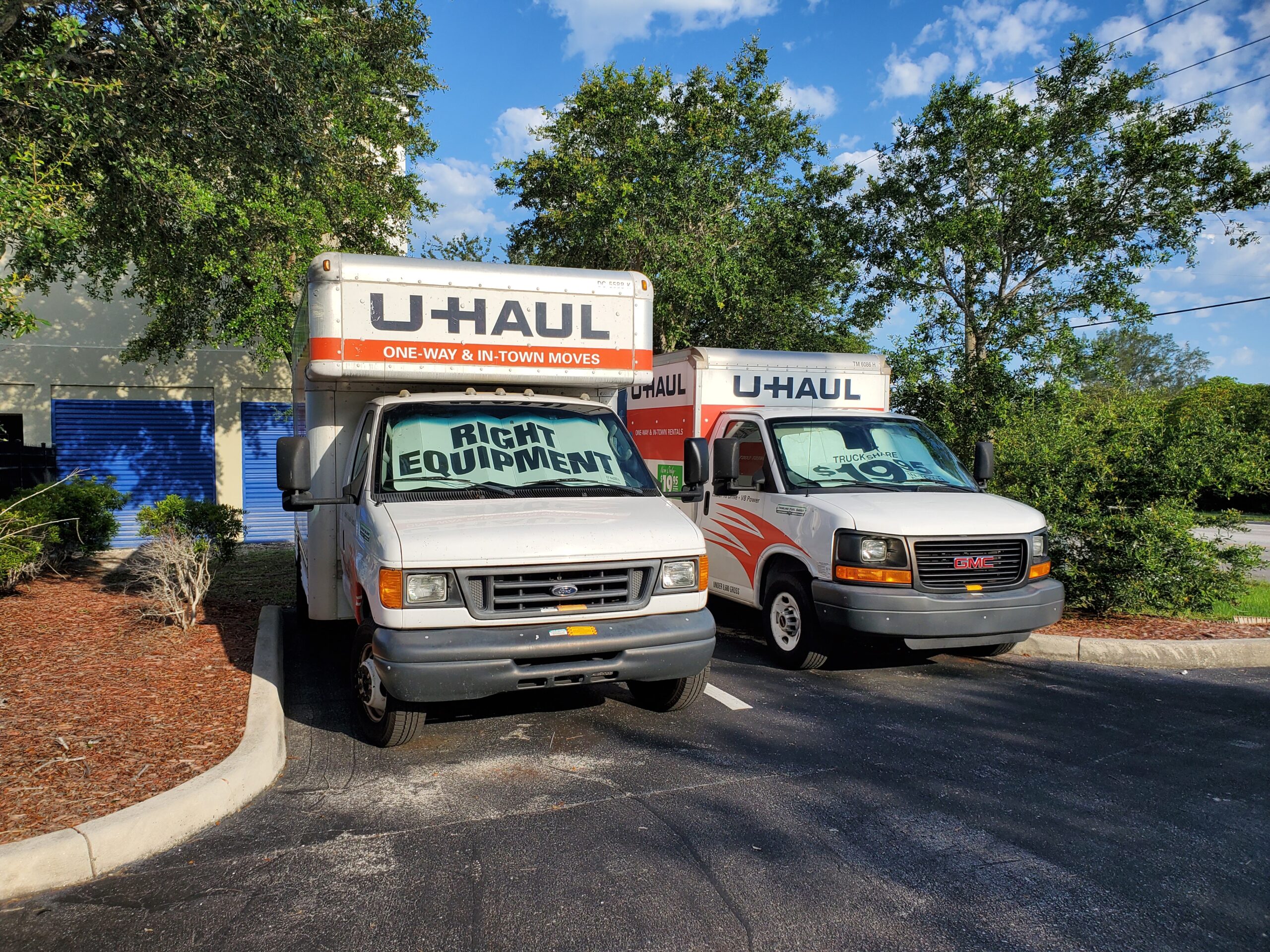Two U-Haul box trucks for rent.