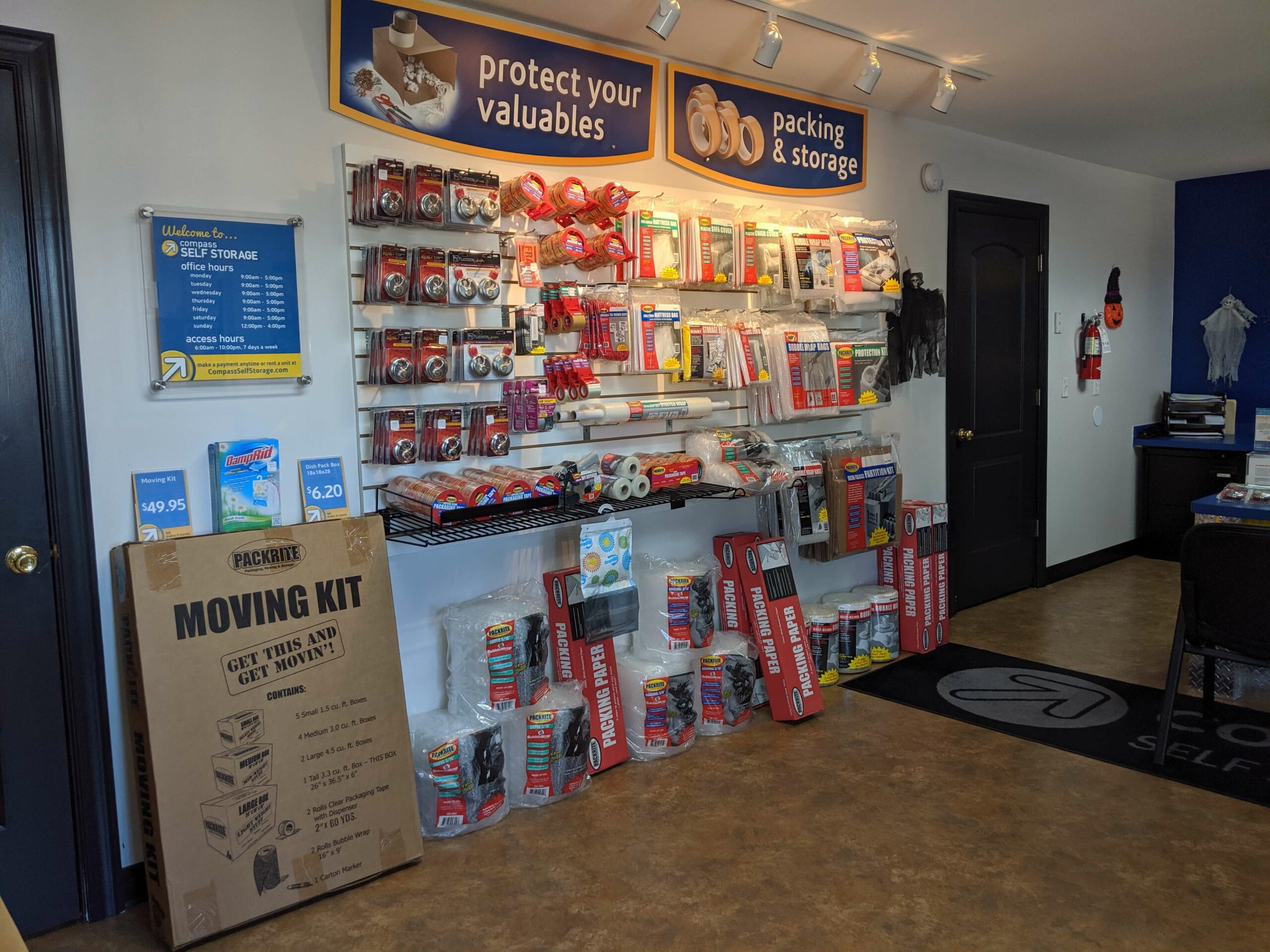 Moving locks, boxes, tape, and bubble wrap for sale.