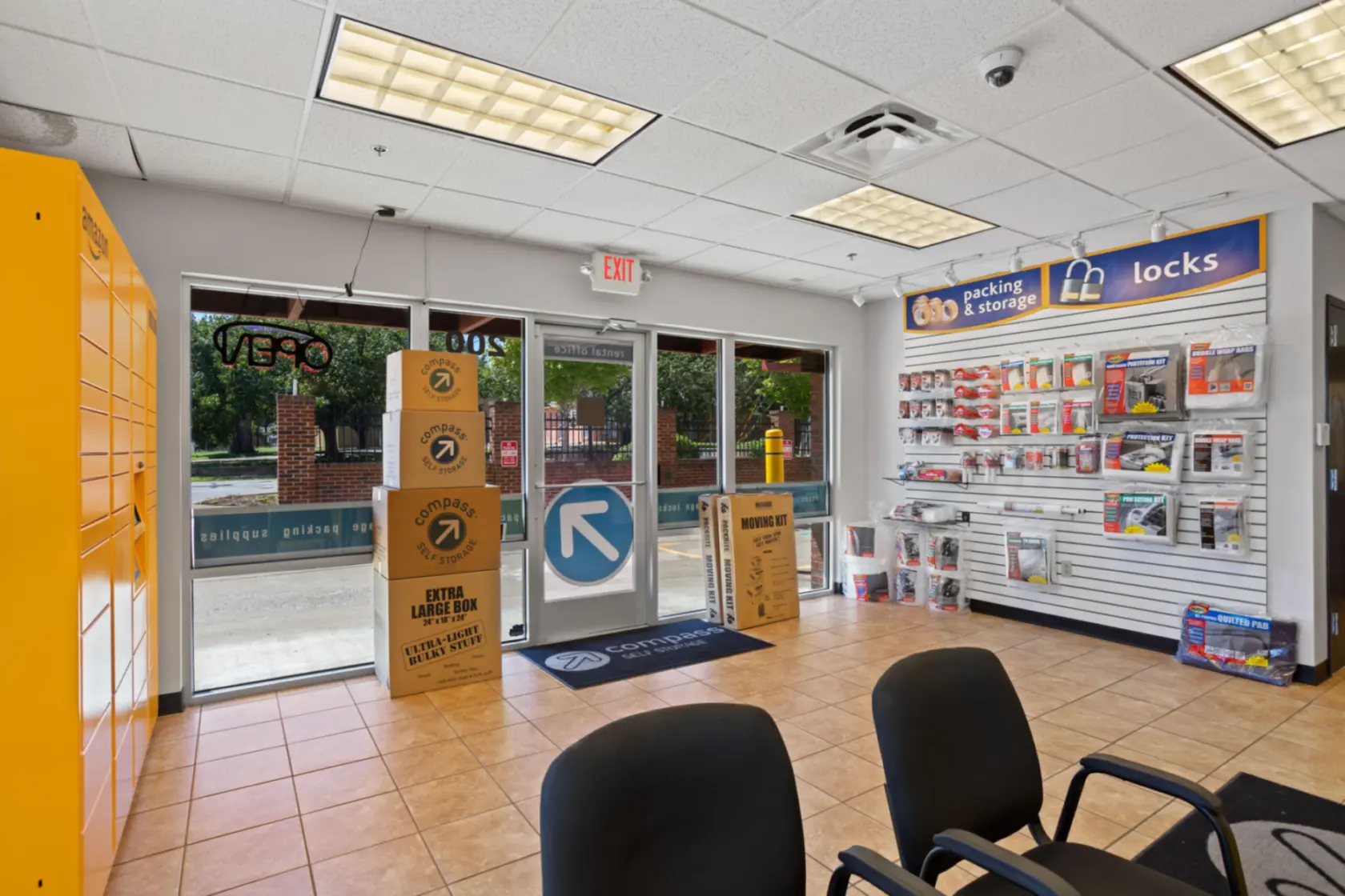 Front office with an Amazon package pick up and storage supplies.