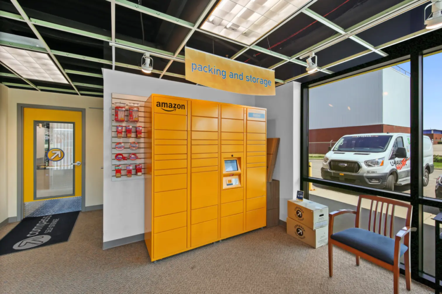 Amazon Hub Locker in the packing and storage section at Compass Self Storage lobby.