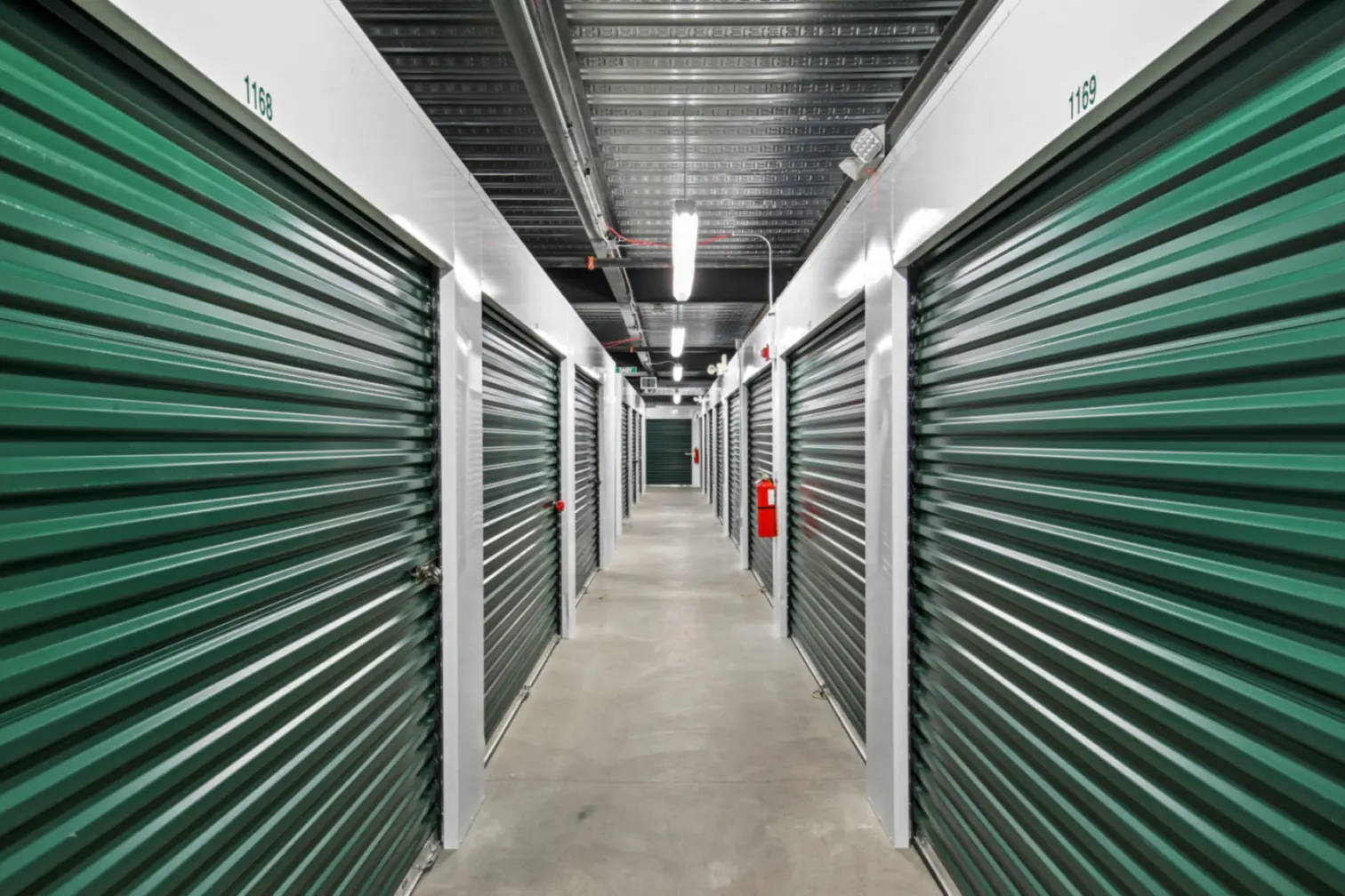 Indoor storage units at Compass Self Storage.