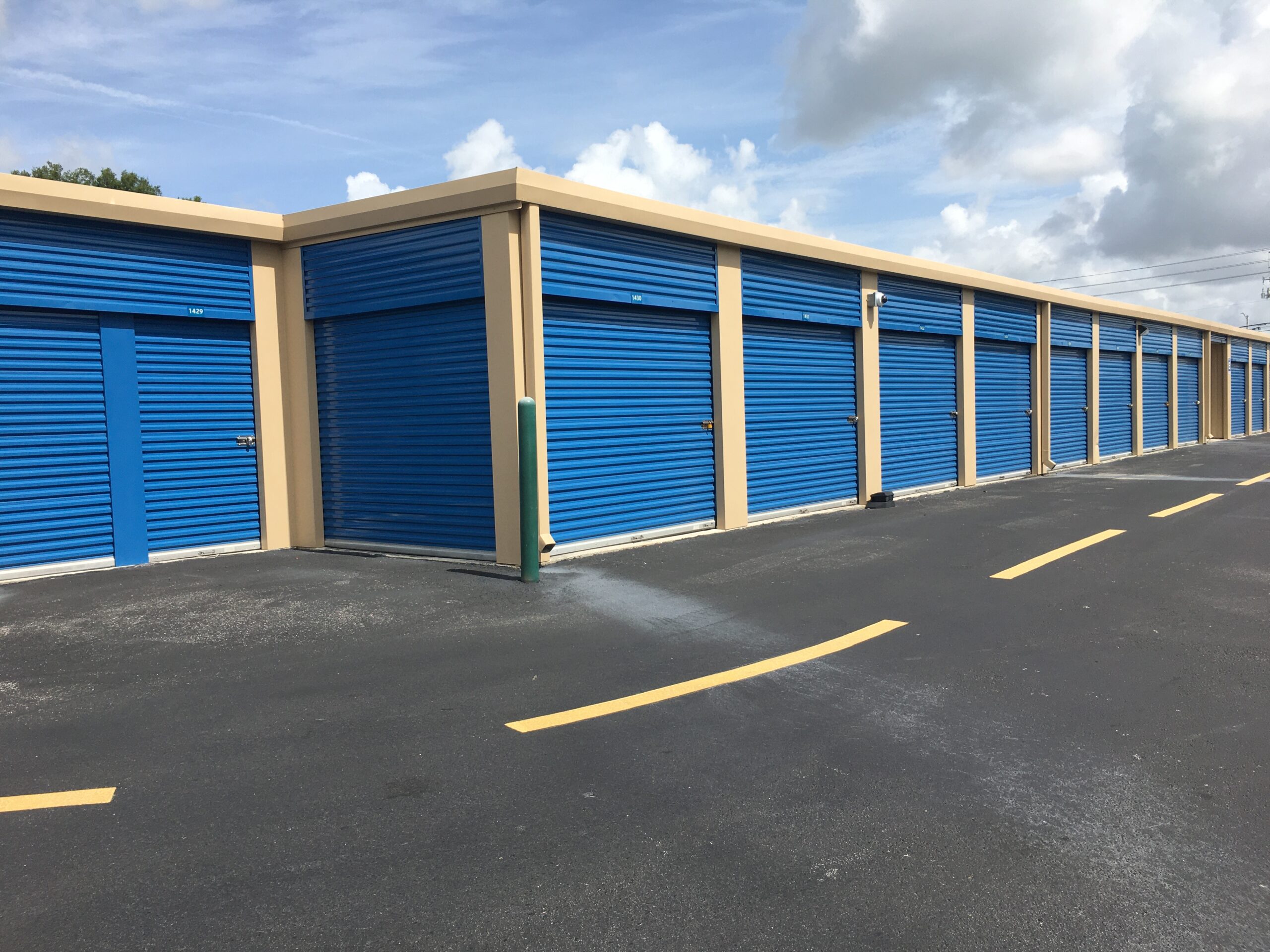 Blue outdoor storage units.