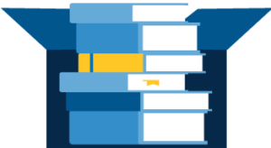 Graphic of books in a moving box.