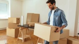 Man smiling while moving boxes out of house.
