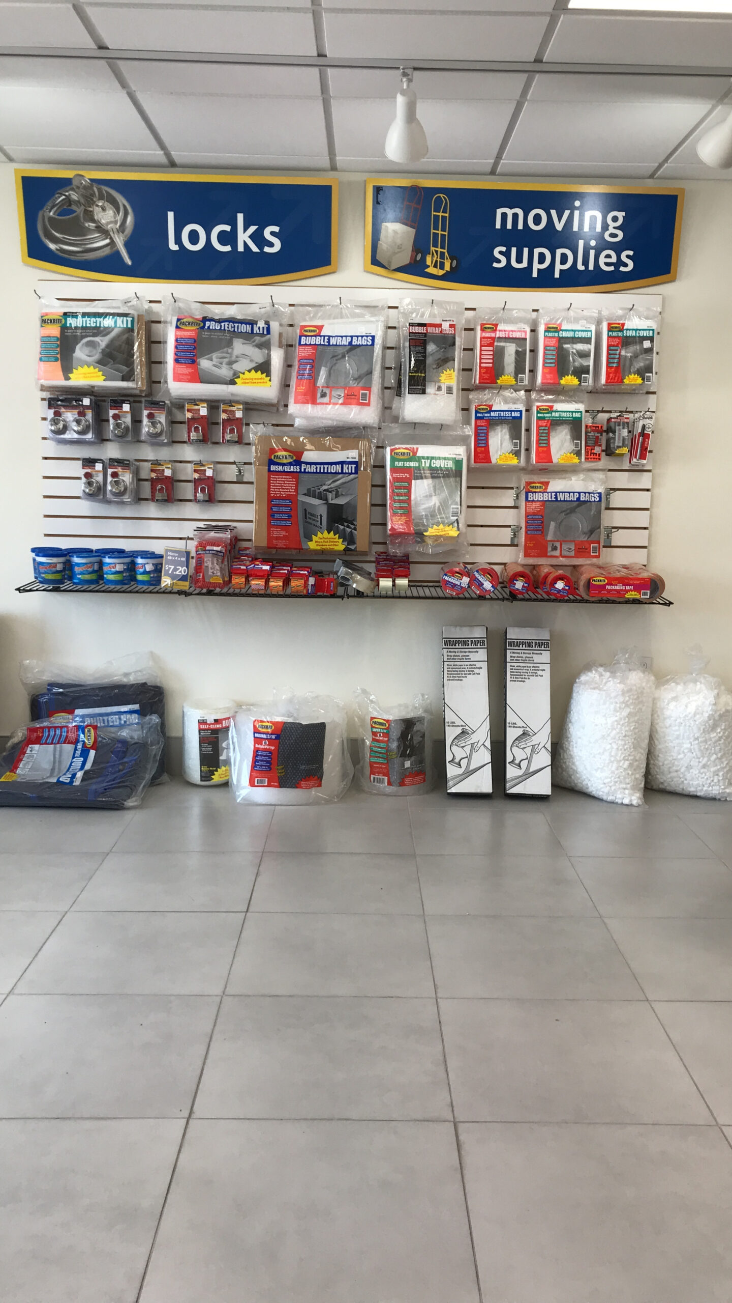 Packing and moving supplies available at Compass Self Storage lobby area.