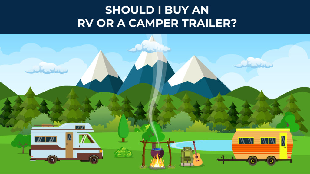 illustrated rv and camper with mountains in the background