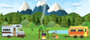 illustrated rv and camper trailer sitting by a lake