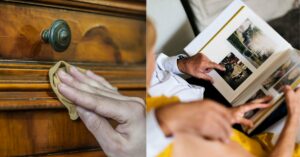 Hand wiping dust off antique furniture and elderly couple looking at an old photo album