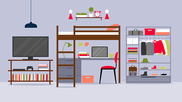 an illustration of a well-organized dorm room that makes the most of its storage space