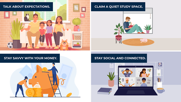 an illustration of four tips to remote learn at home