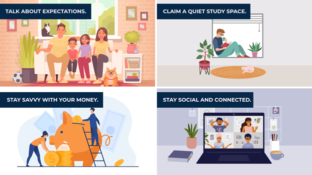 illustration of four tips to remote learn at home