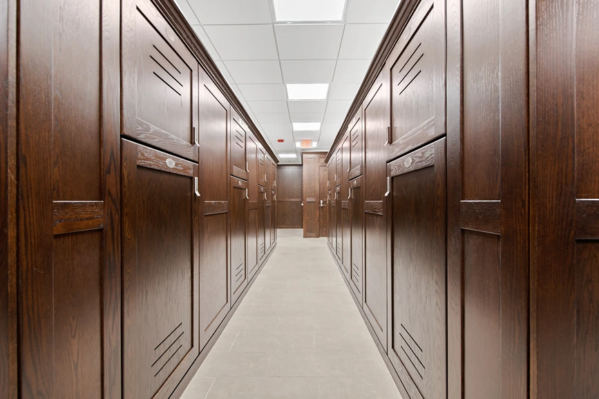 Aisle of wine storage lockers at Compass Self Storage.