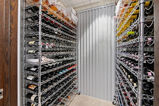 Wine in storage racks at Compass Self Storage in Jupiter.