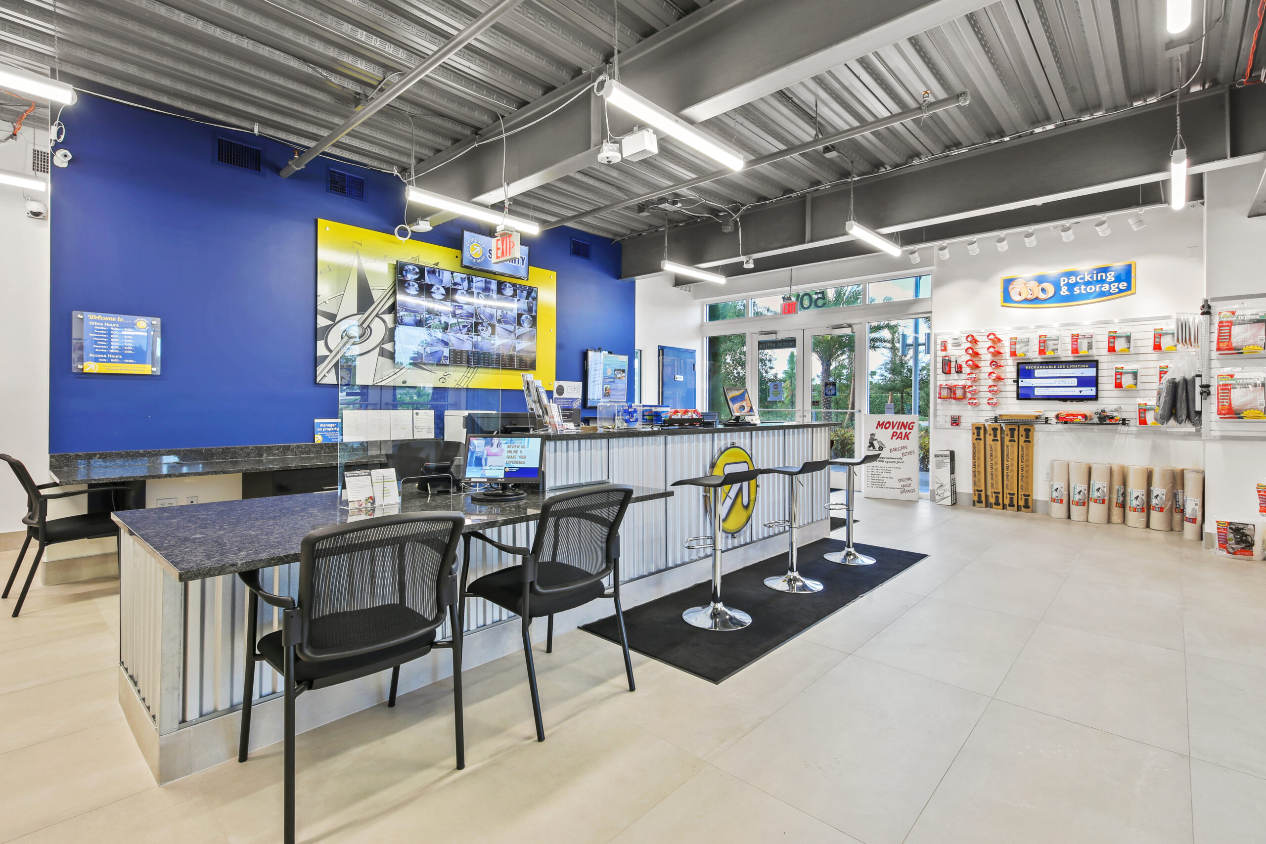 Inside Compass Self Storage Office, with packing and storage supplies.