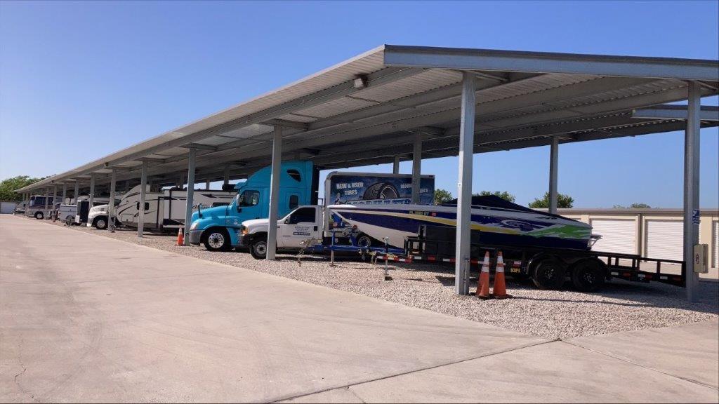 RV, boat, and vehicle outdoor parking with overhead coverage.