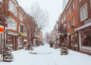 Historic downtown covered with snow.