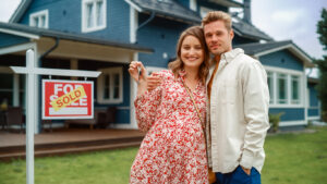 A couple standing in front of a house and a "sold" sign.