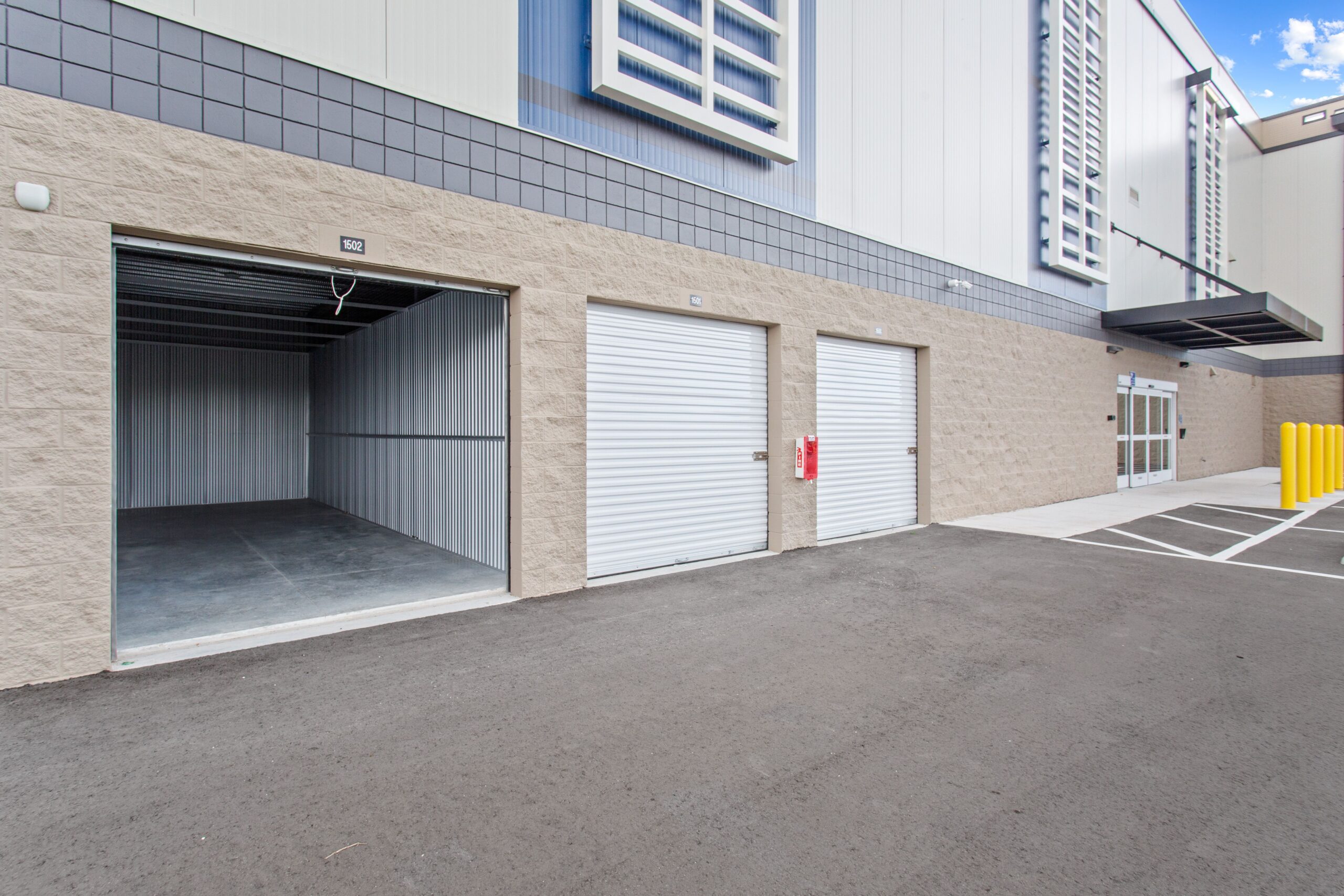 Compass Self Storage unit with open door with drive up at Pinellas Park.