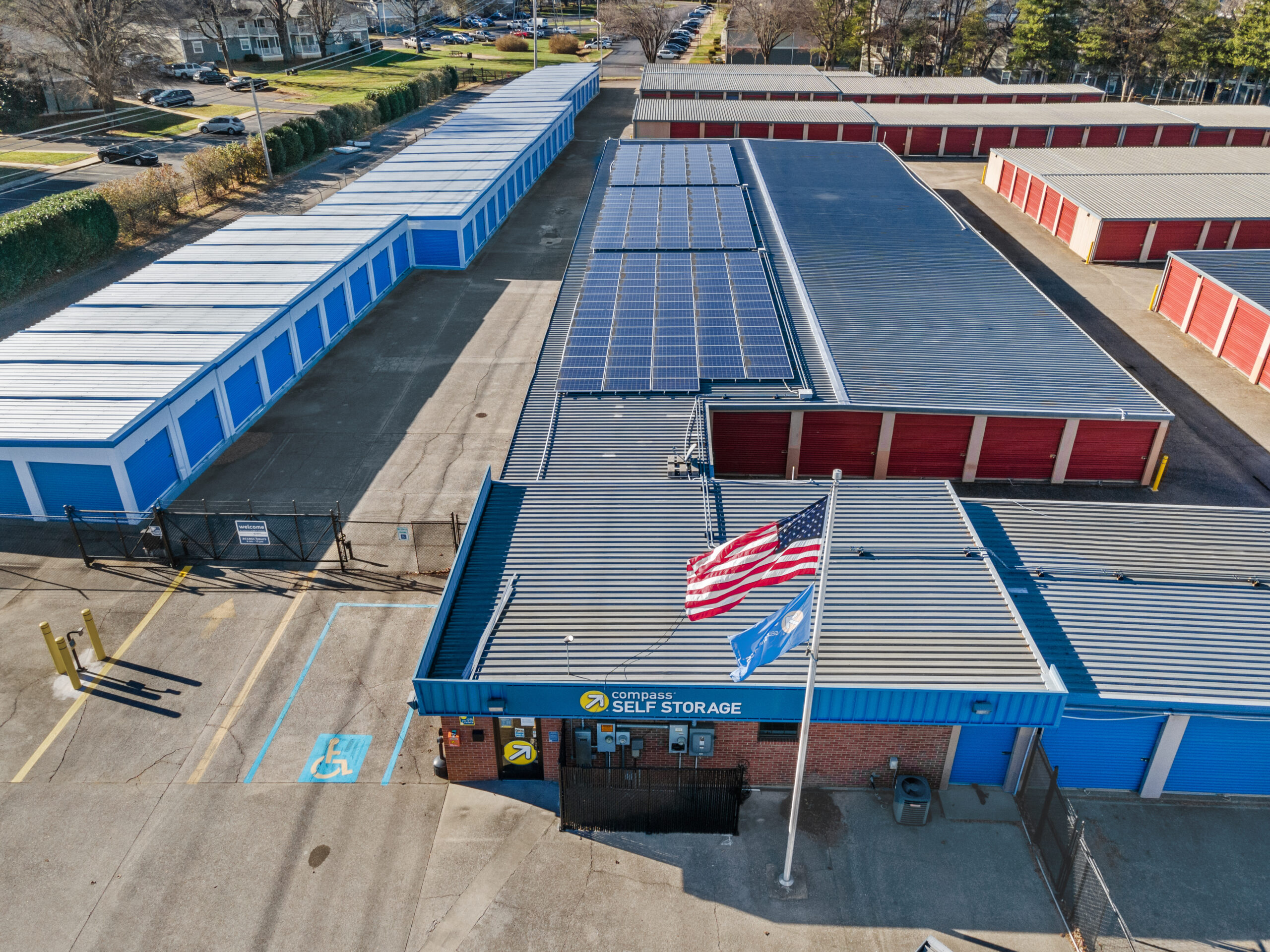 Aerial view of Compass Self Storage.