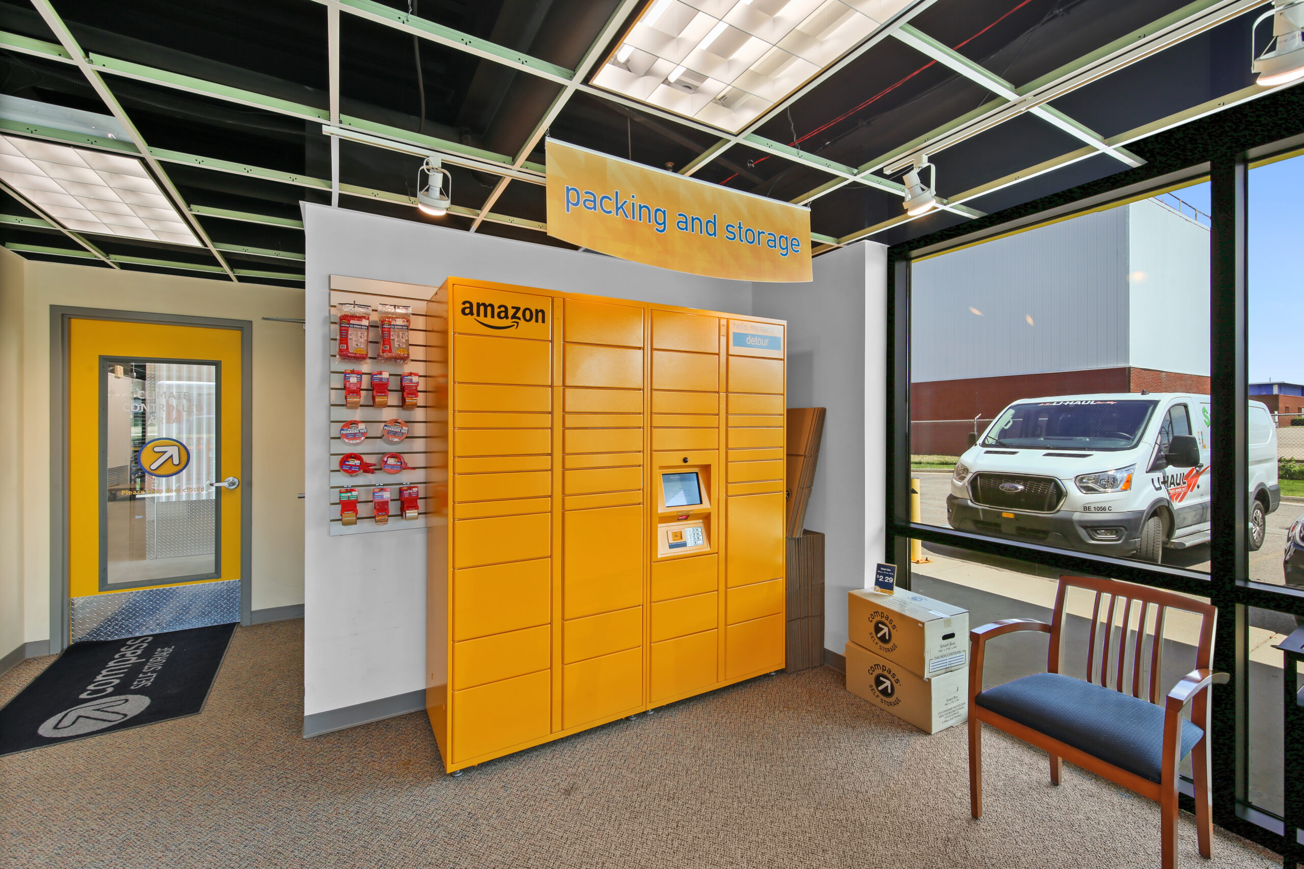 Amazon Hub Locker in the packing and storage section at Compass Self Storage lobby.
