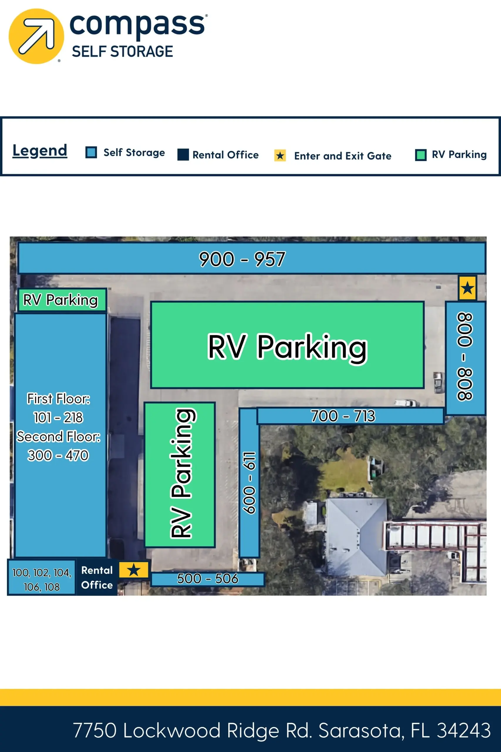 Site map of Compass Self Storage at 7750 Lockwood Ridge Road, Sarasota FL with RV parking areas, self storage units labeled with unit ranges and a rental office.