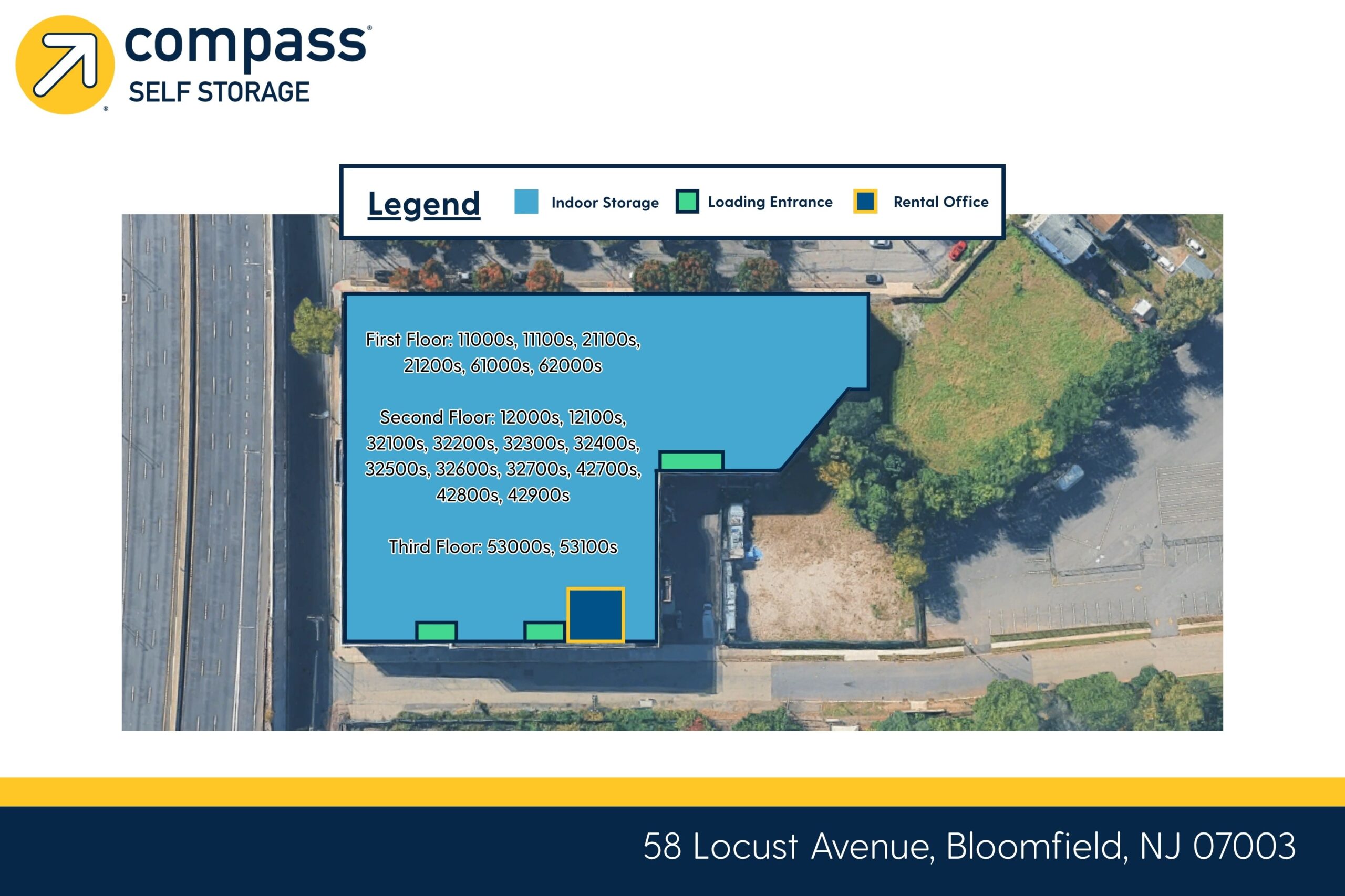 Site map of Compass Self Storage at 58 Locust Avenue, Bloomfield NJ showing a blue indoor storage building across multiple floors with labeled unit ranges and a legend for loading entrances and rental office.