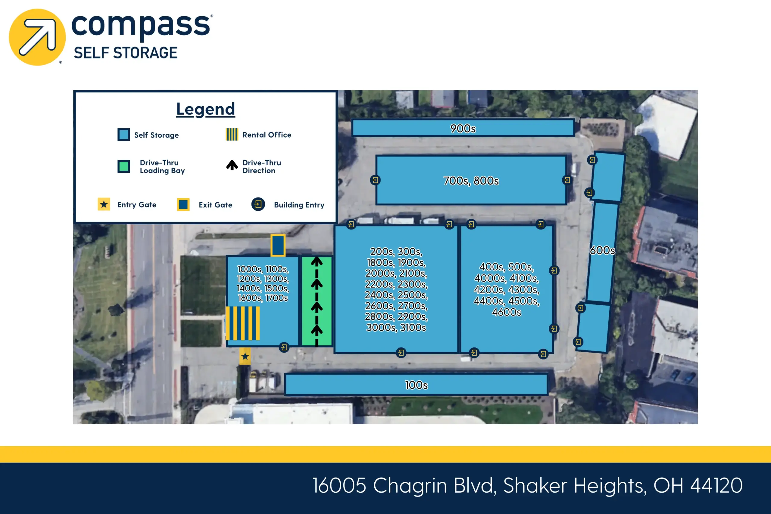 Site map of Compass Self Storage at 16005 Chagrin Blvd in Shaker Heights, Ohio, showing multiple self storage buildings labeled by unit ranges, a drive-through loading bay, rental office and entry/exit gates.