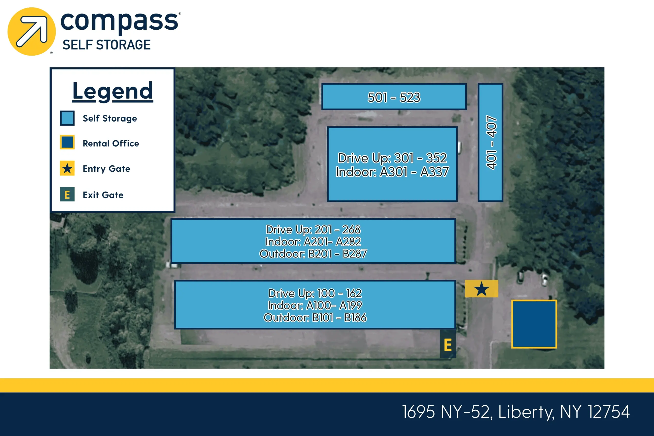 Aerial map of Compass Self Storage in Liberty, NY, showing storage units, rental office, and entry/exit gates.