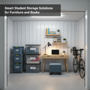 A bright 5x5 storage unit neatly packed with plastic bins, a small desk, and a bicycle for an organized college student.