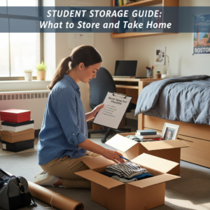 A student in a Massachusetts dorm room packs cardboard boxes while holding a move out checklist for summer storage.