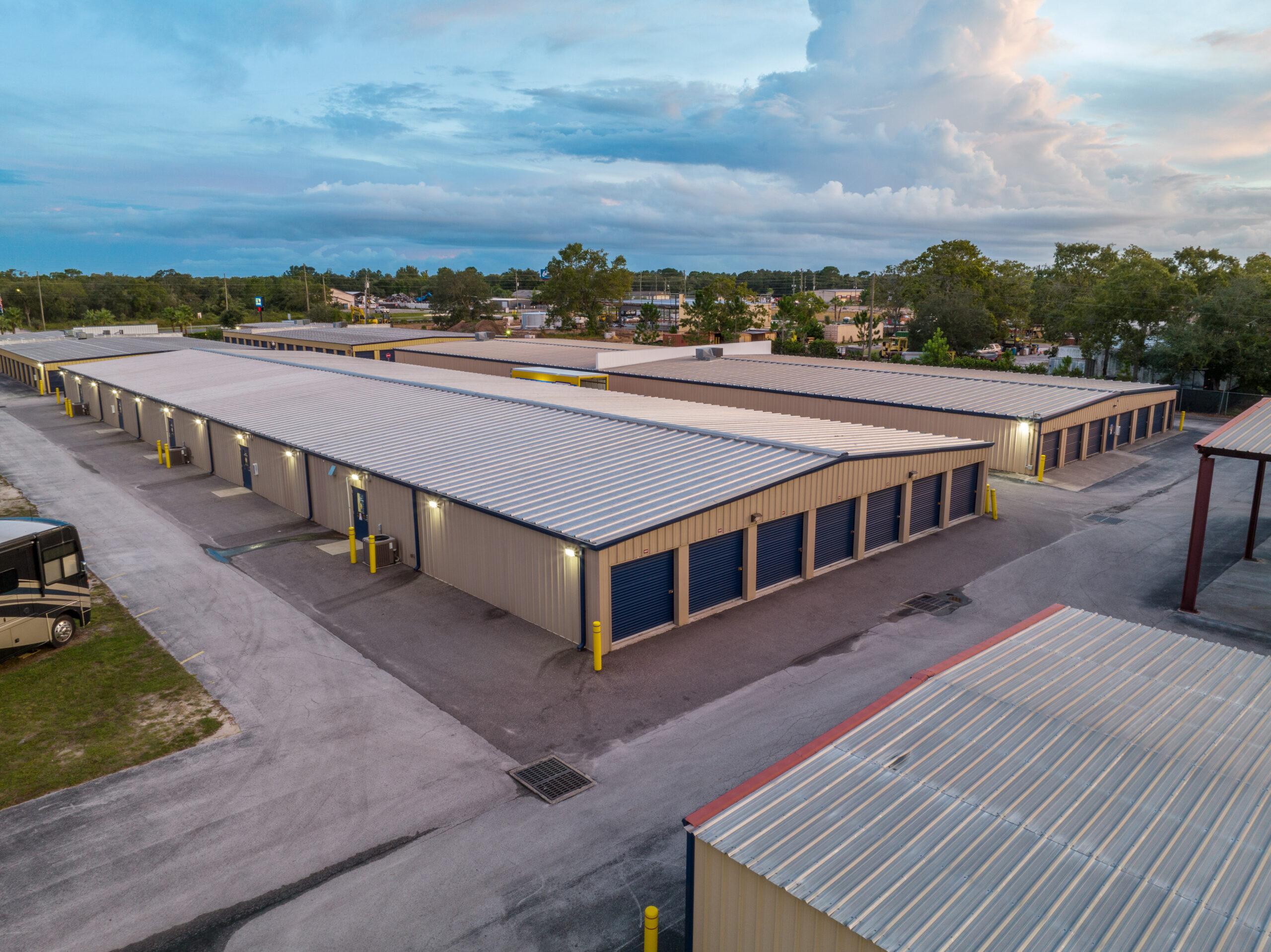 Aerial view of Spring Hill self storage units on County Line Road with blue doors and RV parking.